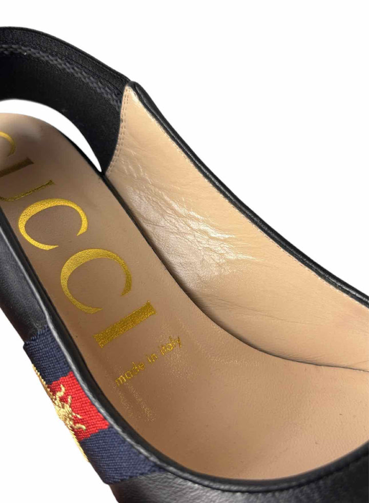 Gucci Size 38 Sylvie Web Embroidered Bee Leather Slingback Pumps