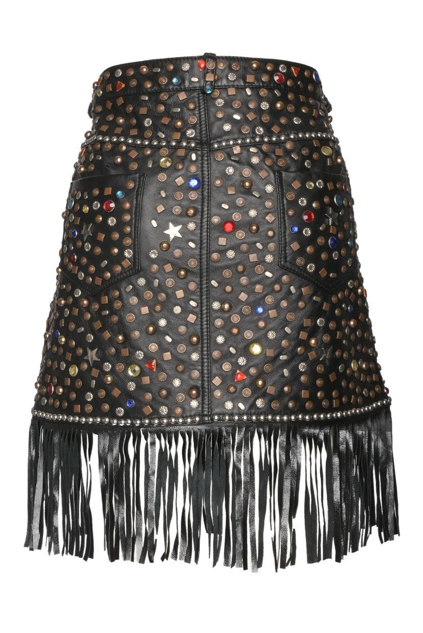 Jeremy Scott Size 10 Studded Fringe Leather Skirt