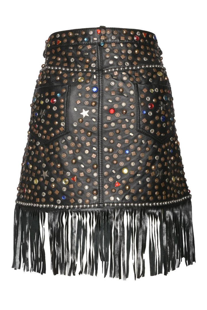 Jeremy Scott Size 10 Studded Fringe Leather Skirt