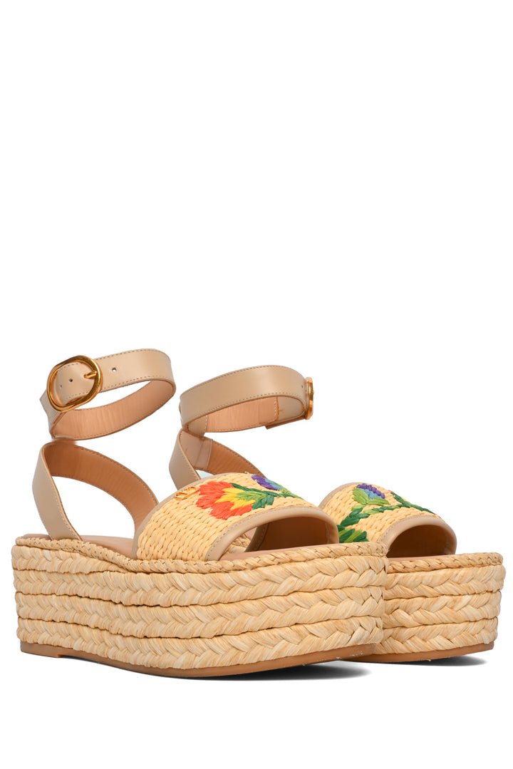 Valentino Size 35 Bribri Woven Floral Raffia Platform Espadrille Wedges