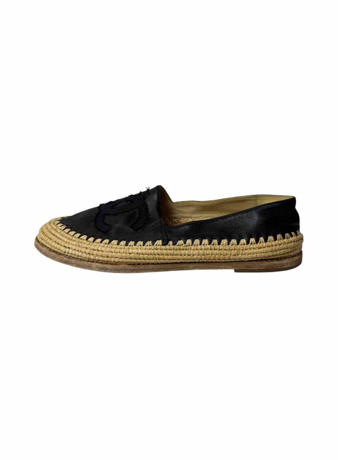 Chanel Size 38 Black Leather CC Logo Espadrille Flats
