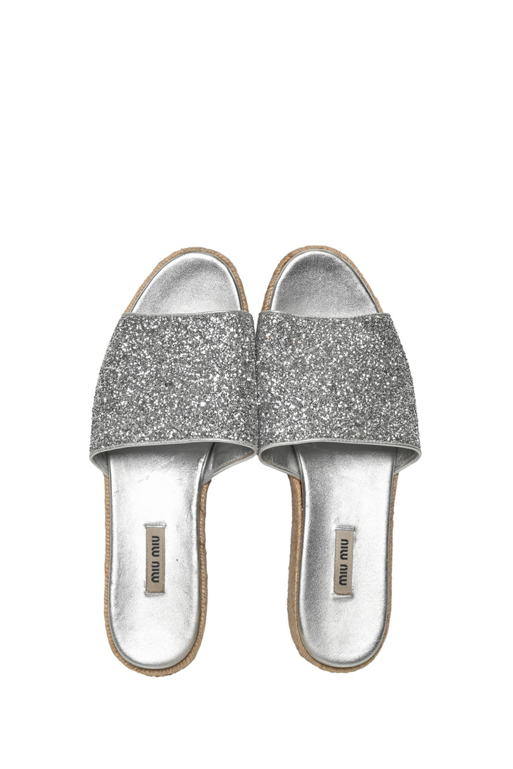 Miu Miu Size 42 Glitter Platform Espadrille Slide Sandals