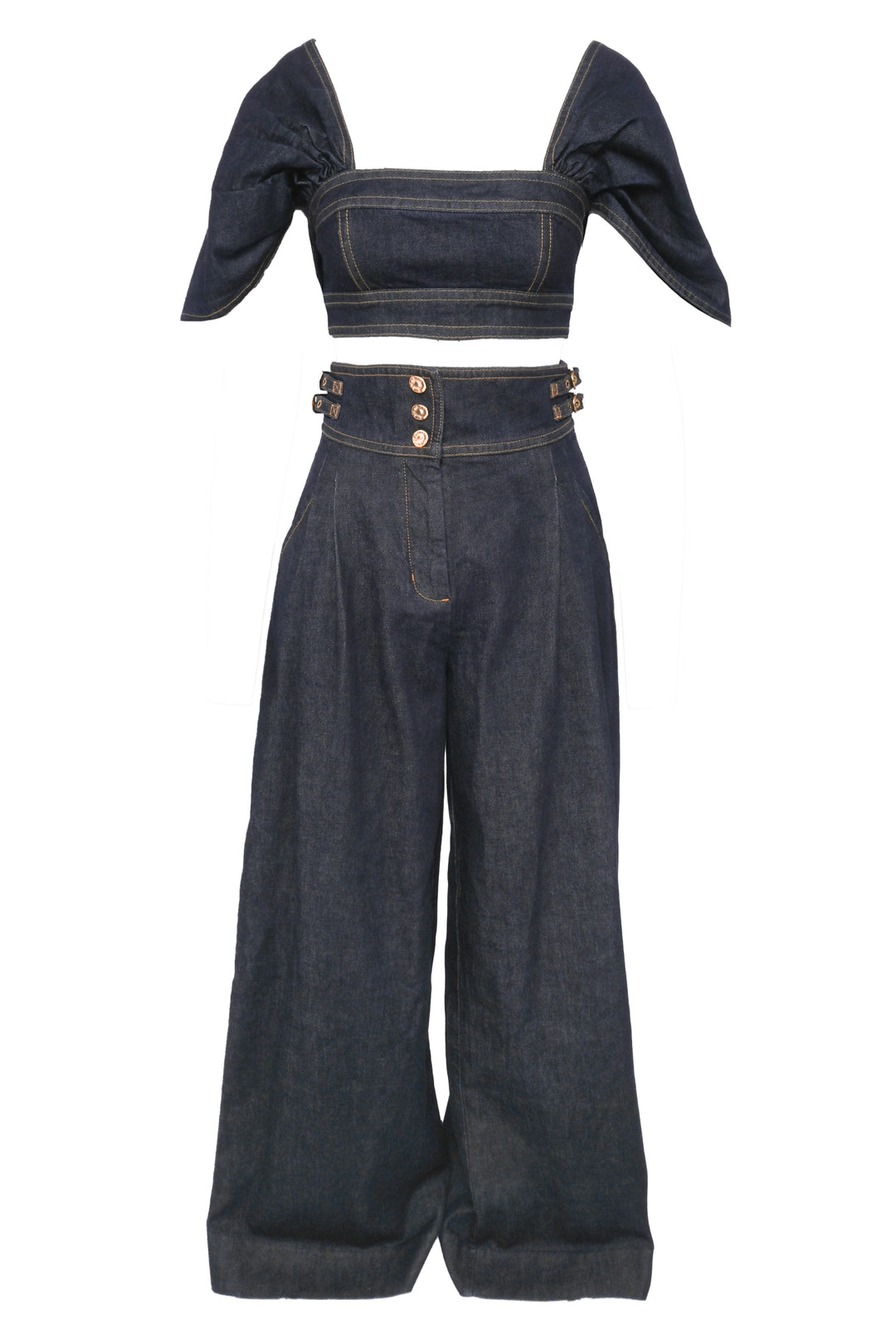 Zimmermann Size XS Rebellion Puffed-Sleeve Denim Top & Wide Leg Denim Pant Set