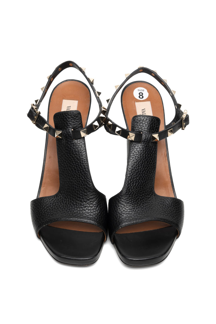 Valentino Size 38 Leather Rockstud T-Strap Heeled Sandals
