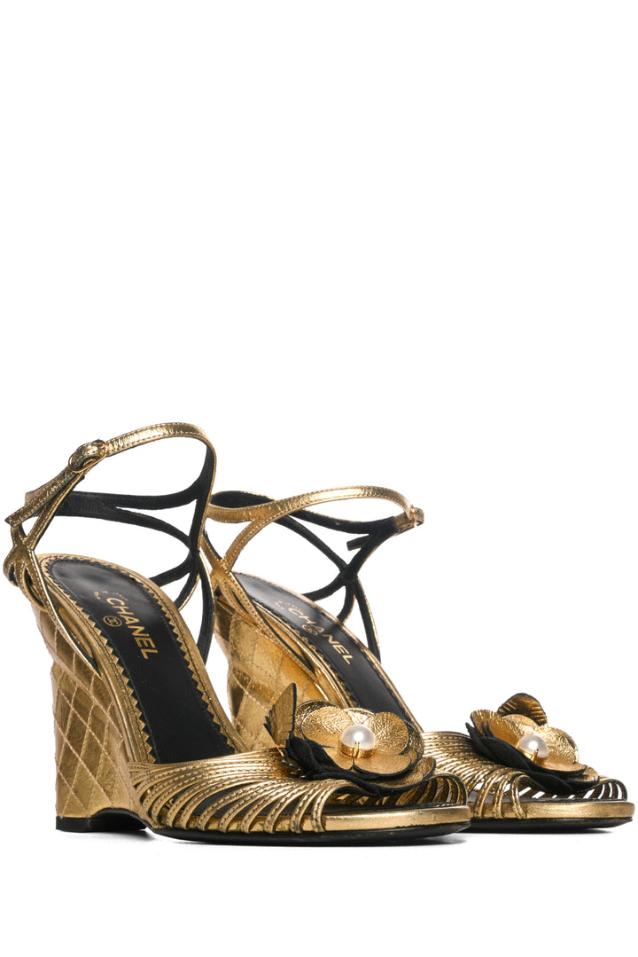 Chanel Size 37 Metallic Faux Pearl Camellia Ankle Strap Wedge Sandals