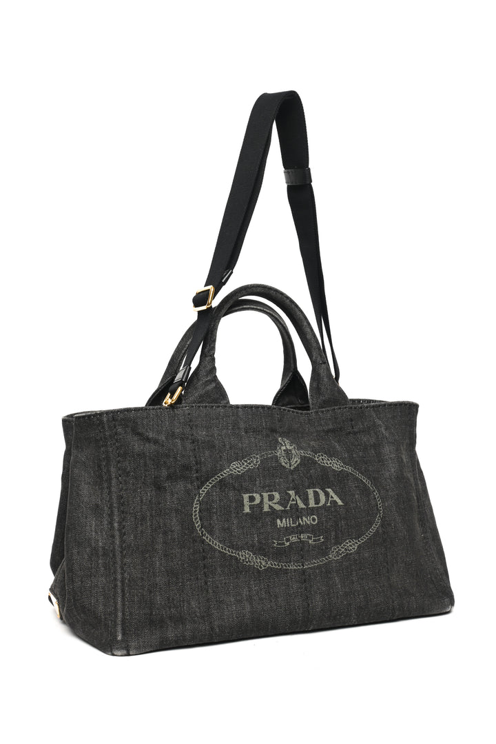 Prada Denim Logo Canapa Large Tote