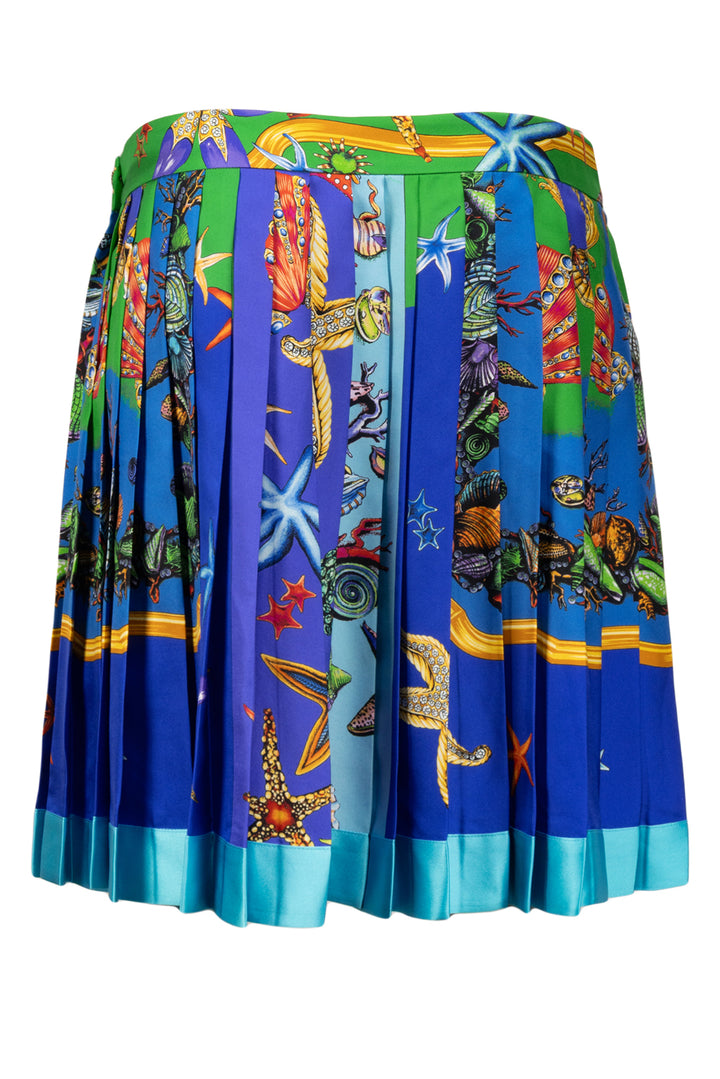 Versace Size XL Silk Ocean Print Blouse & Pleated Mini Skirt Set