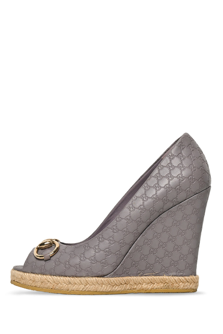 Gucci Size 37 Charlotte Microguccissima Horsebit Peep Toe Wedge
