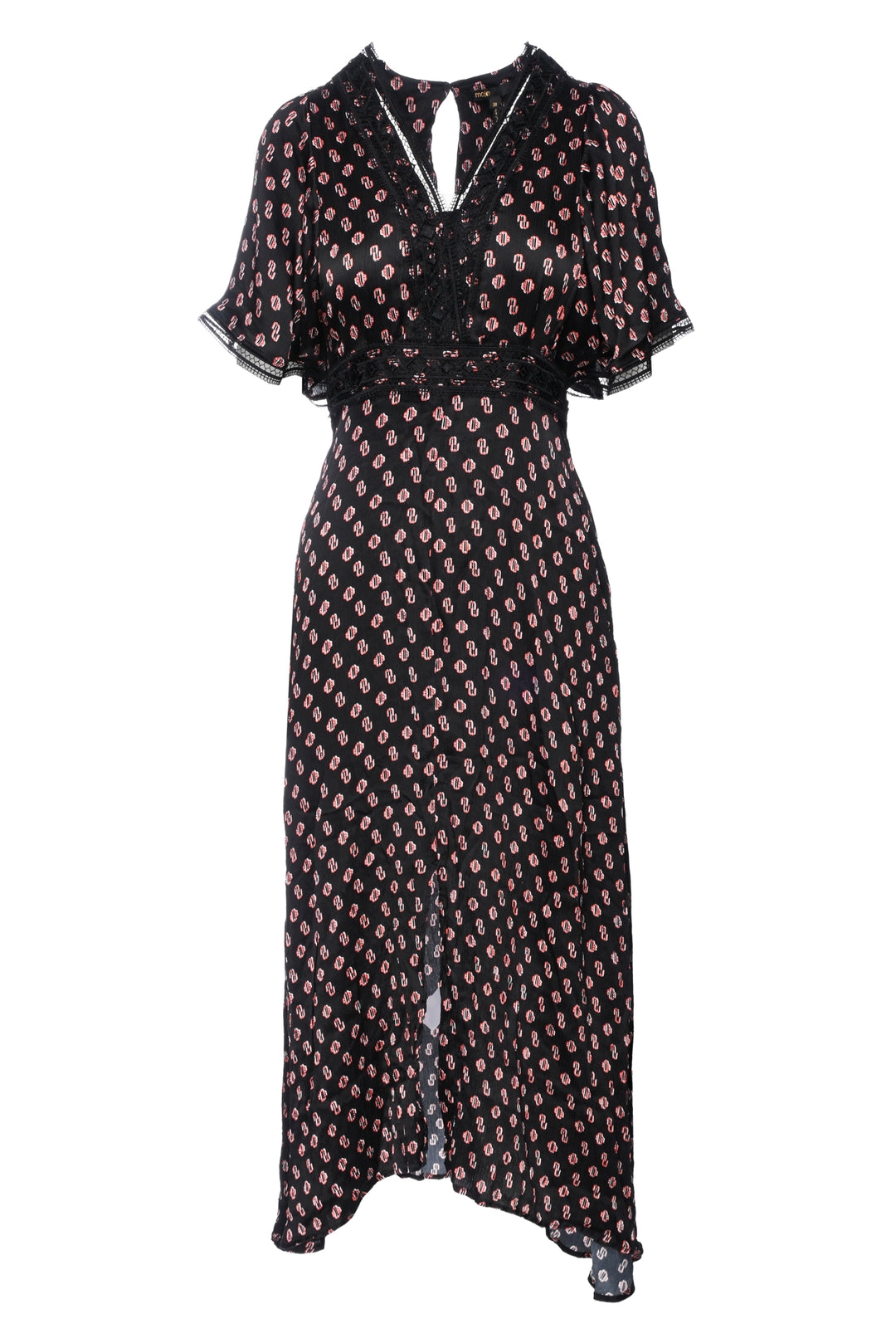 maje Size 38 Lace Trimmed Logo Print Maxi Dress