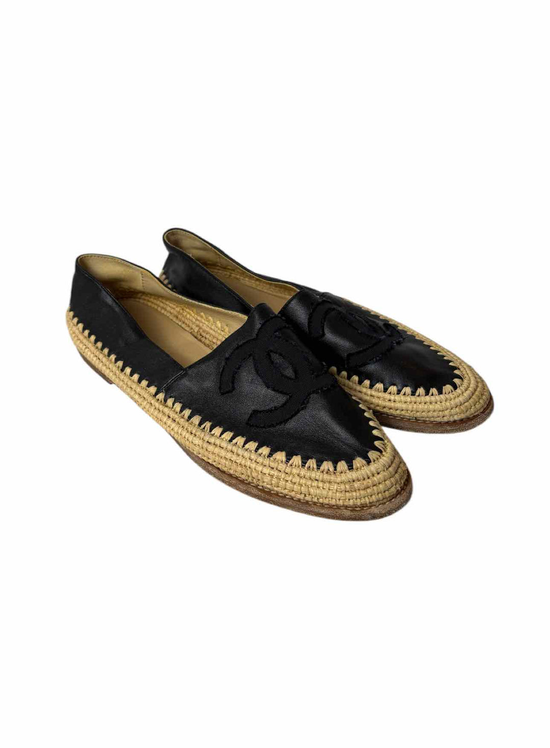 Chanel Size 38 Black Leather CC Logo Espadrille Flats