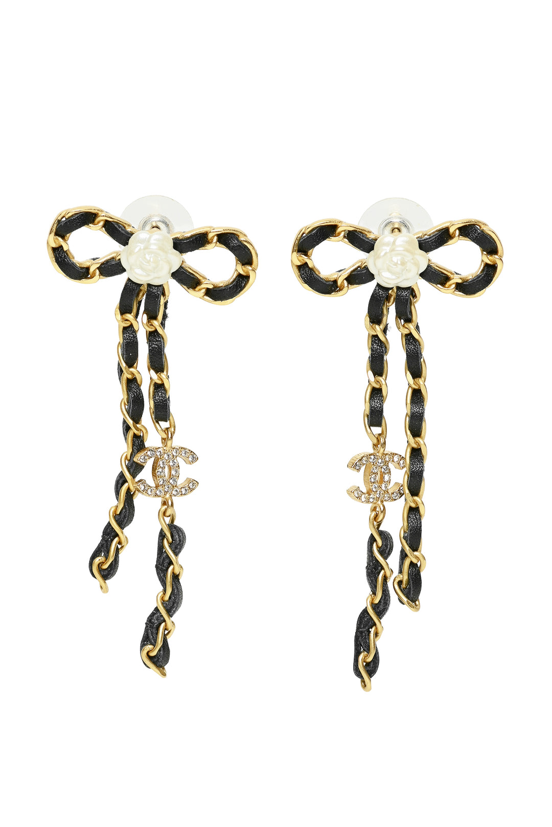 Chanel Spring 2020 Crystal CC Woven Leather Chain Bow Earrings