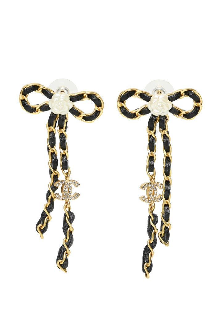 Chanel Spring 2020 Crystal CC Woven Leather Chain Bow Earrings
