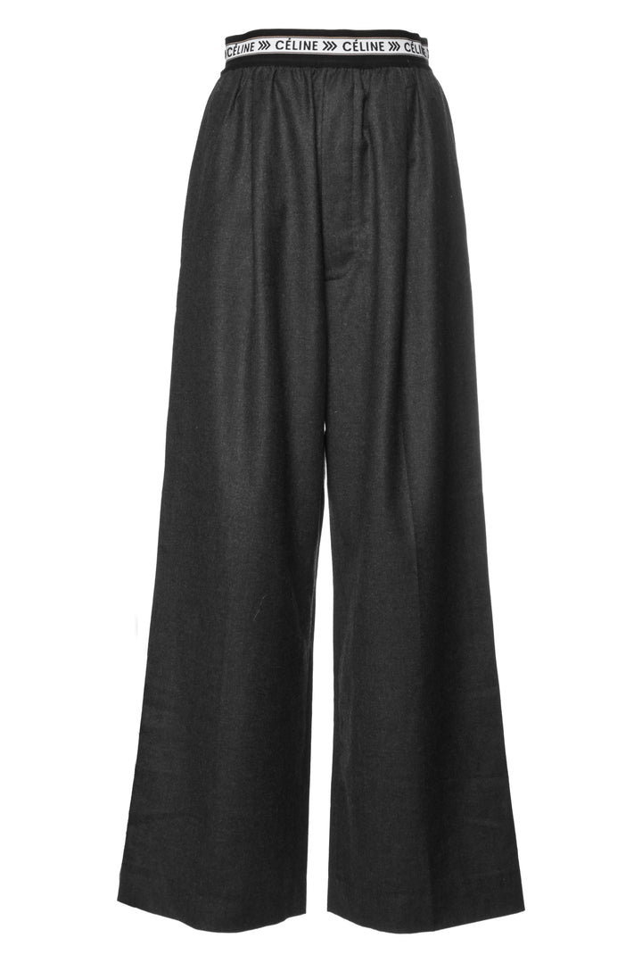 Celine Size 4 Wool Logo Waistband Wide Leg Trousers