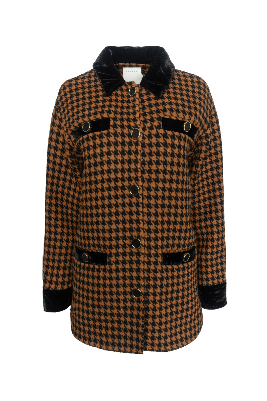 Sandro Size 34 Houndstooth & Velvet Trimmed Coat