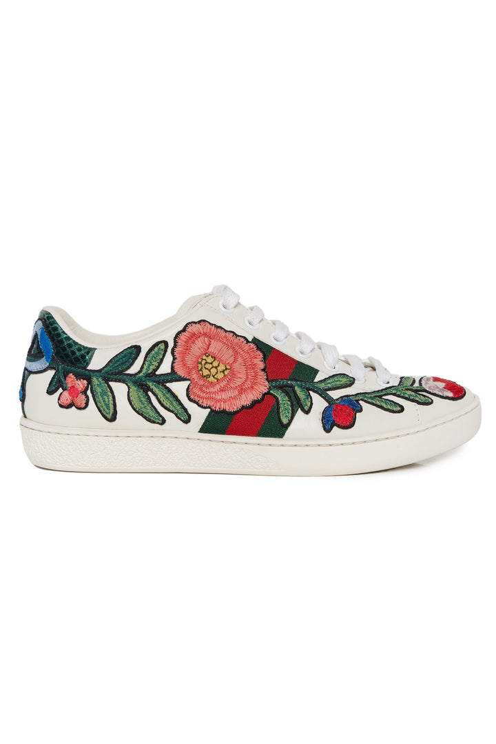 Gucci Size 37 Floral Embroidered Leather Ace Low Top Sneaker