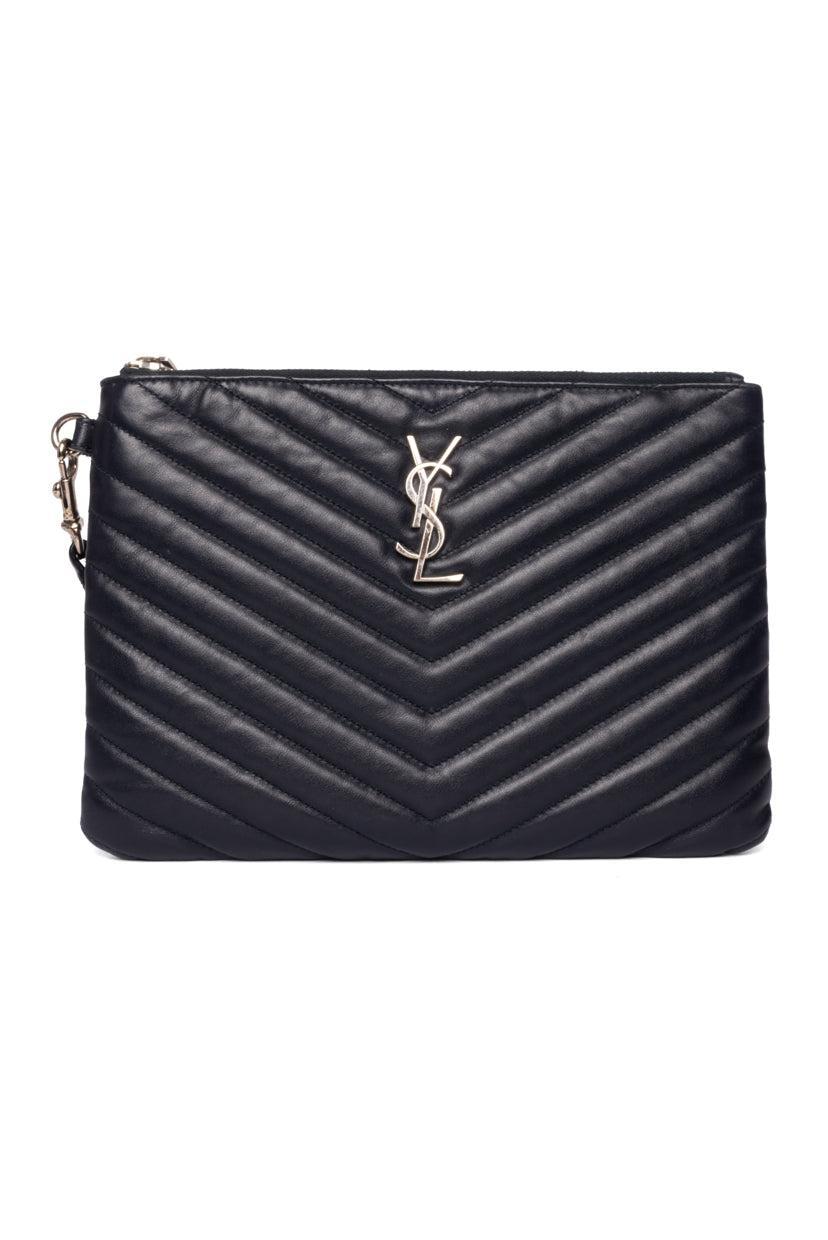 Saint Laurent YSL Monogram Chevron Quilted Leather Wristlet