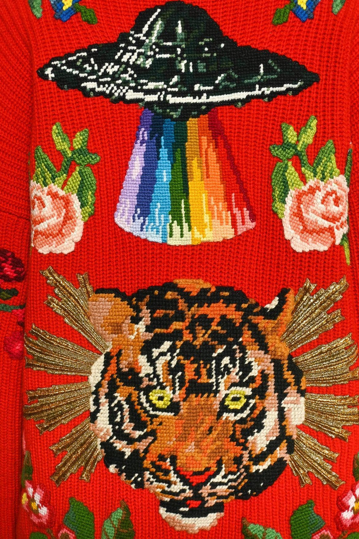 Gucci Size M 2017 Oversized Embroidered Rabbit Knit Wool Cardigan