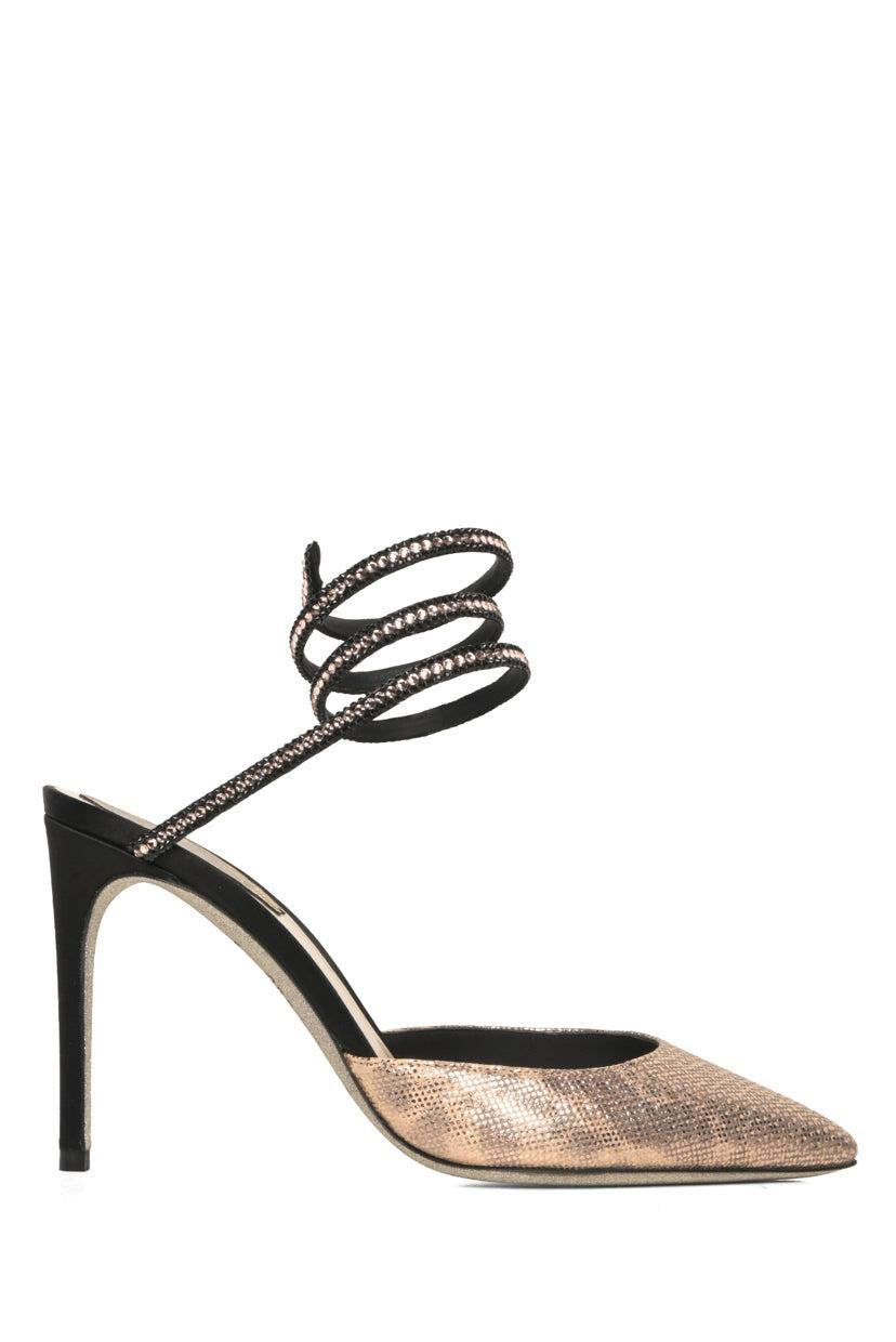 Rene Caovilla Size 36.5 Rose Gold Karung & Black Satin Crystal Spiral Pumps
