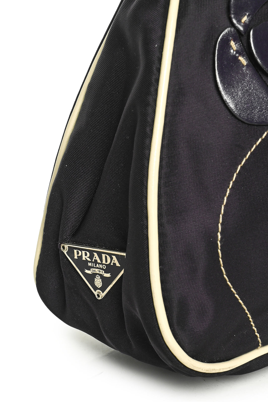 Prada Vintage 1990s Leather Flower Applique Nylon Shoulder Bag