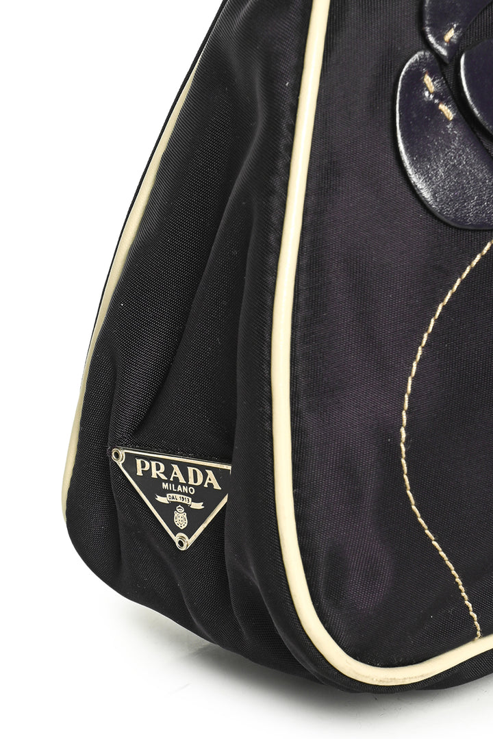 Prada Vintage 1990s Leather Flower Applique Nylon Shoulder Bag