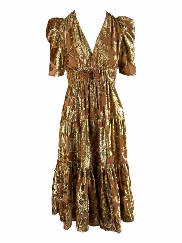 Ulla Johnson Size 4 Rose Gold Metallic Floral Velvet Loretta Dress