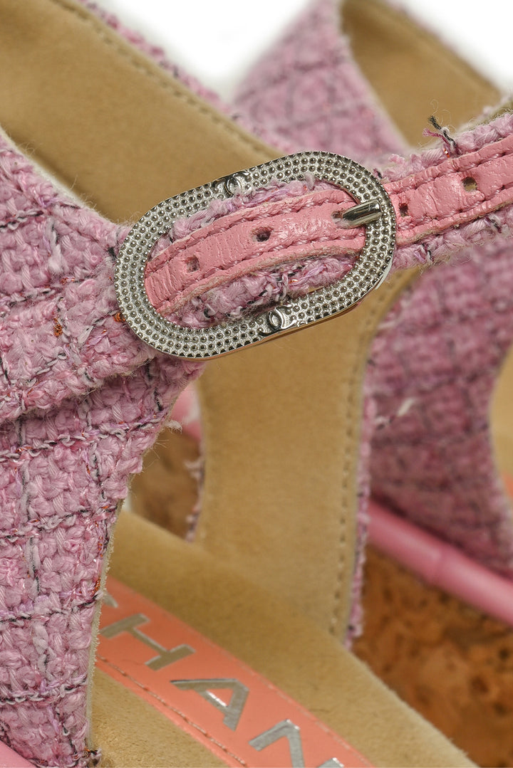 Chanel Size 39 Tweed & Cork CC Wedge Sandals