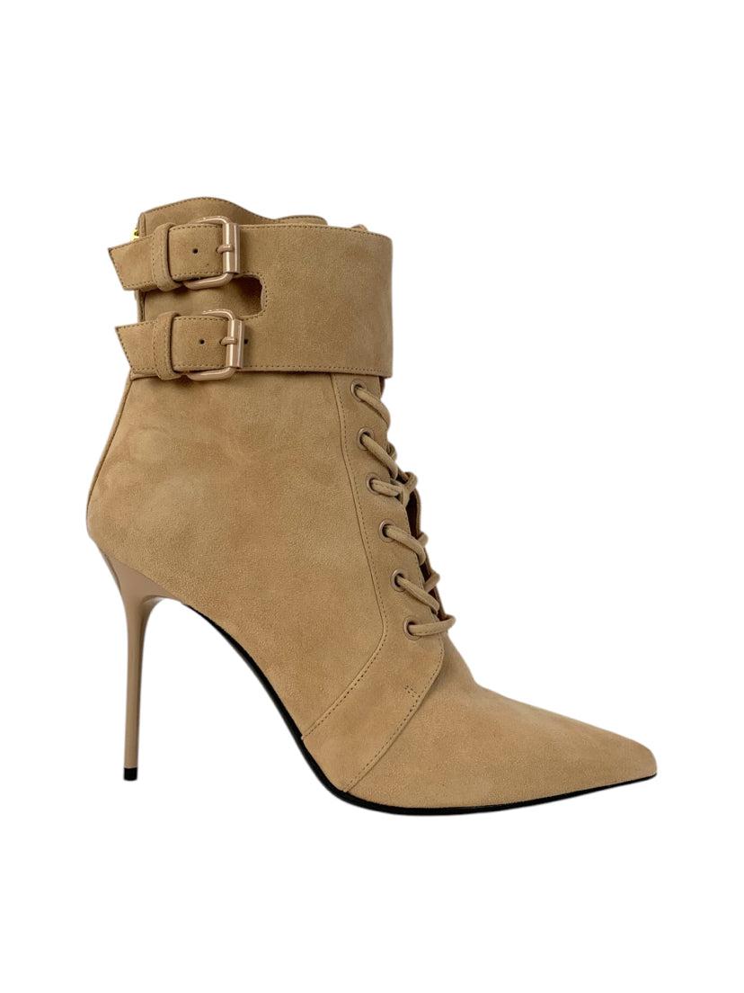 Balmain Size 38 Suede Lace Up Heeled Ankle Boots