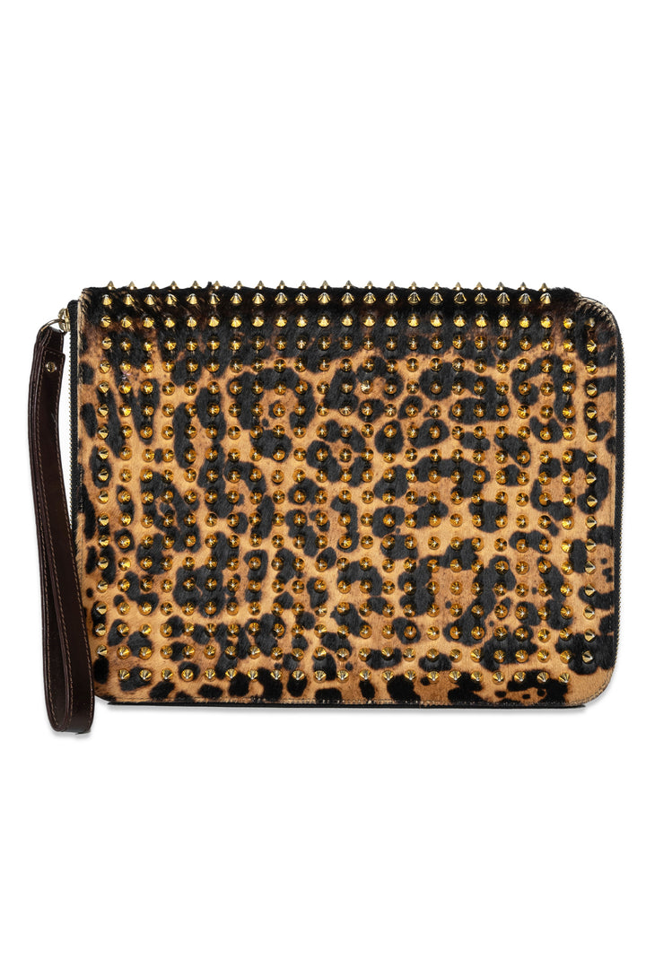 Christian Louboutin Calf Hair Leopard Print Spiked IPad Case Clutch