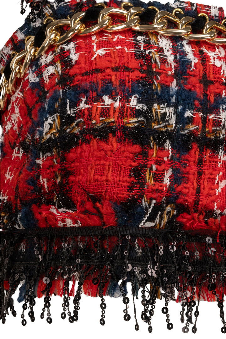 Balmain Size 39 Frayed Check Tweed & Chain Bra Top