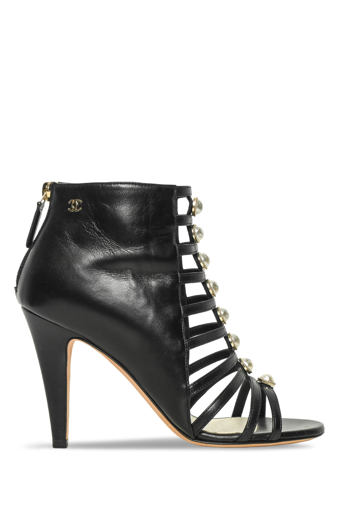 Chanel Size 36.5 Caged Faux Pearl CC Logo Leather Sandals