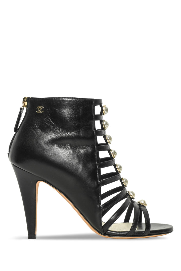 Chanel Size 36.5 Caged Faux Pearl CC Logo Leather Sandals