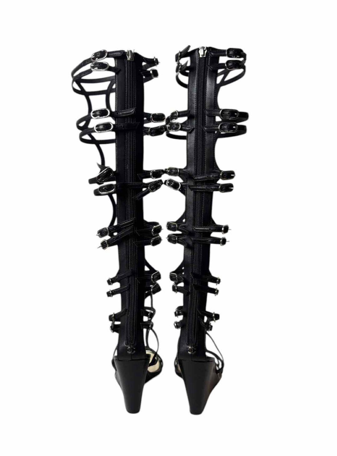 Chanel Size 38 Leather Gladiator Wedge Sandals