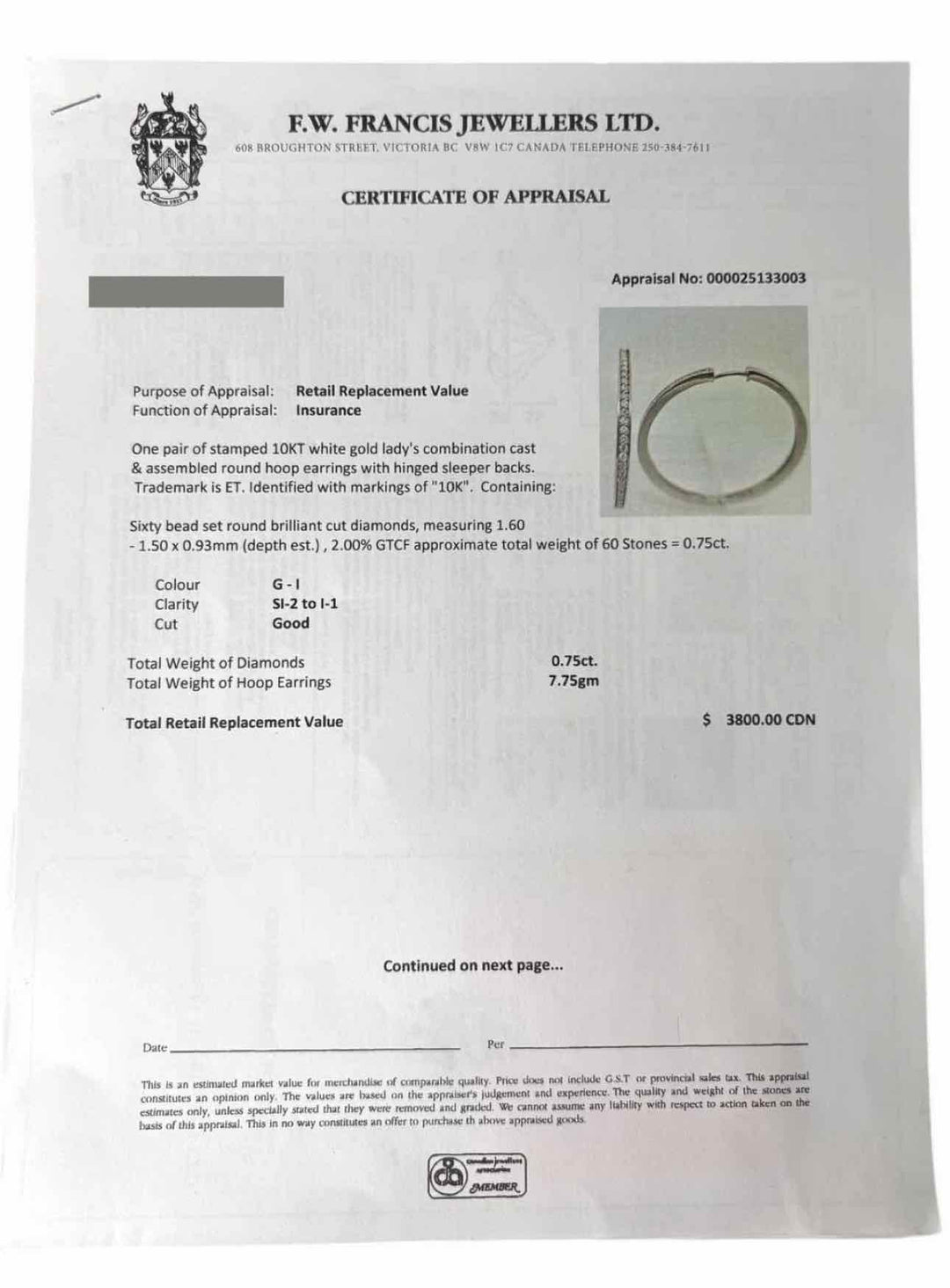 10KT White Gold Round Hoop 60 Diamond Stone Count Earrings