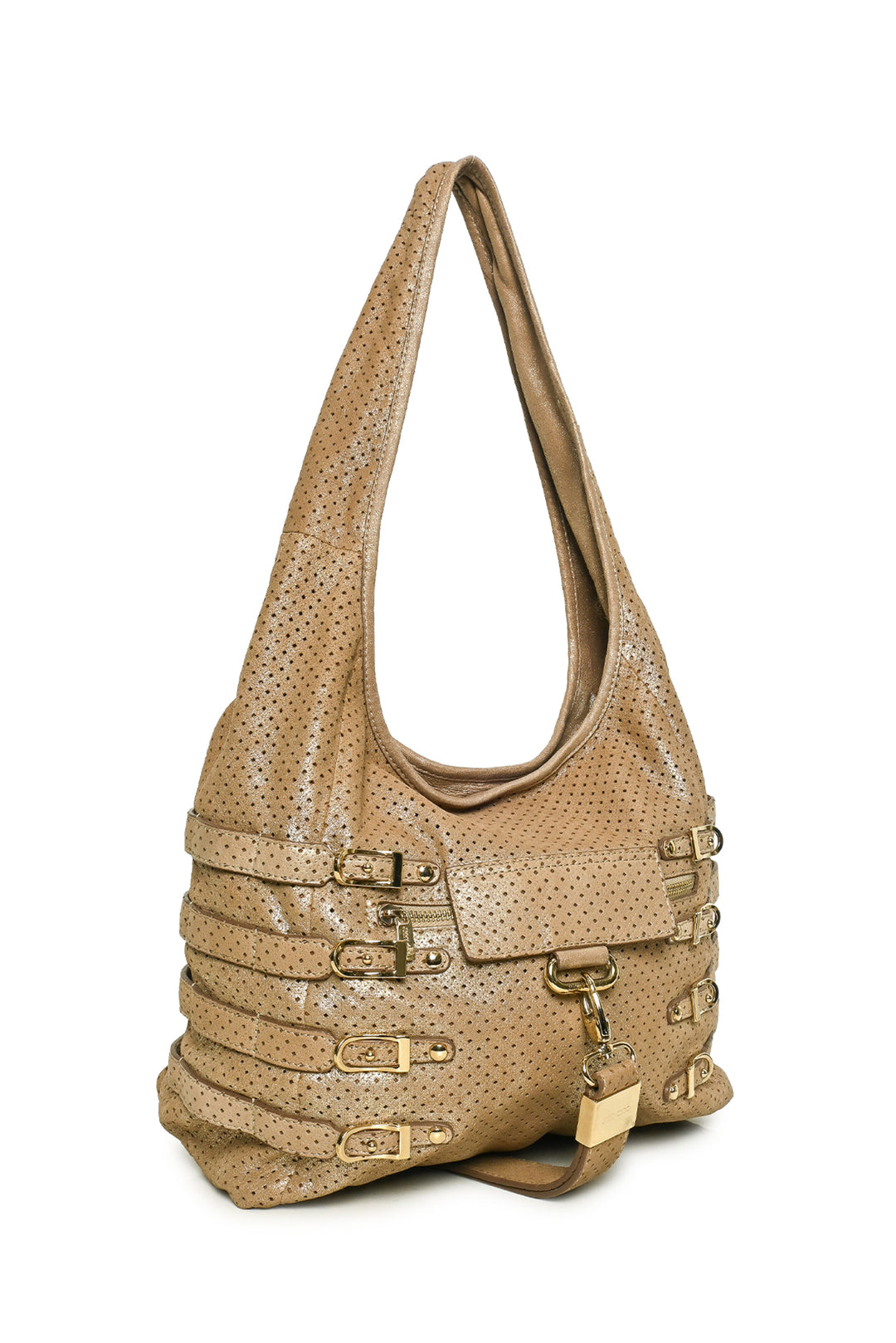 Jimmy Choo Bardia Perforated Metallic Suede Buckle Strap Hobo Shoulder Bag