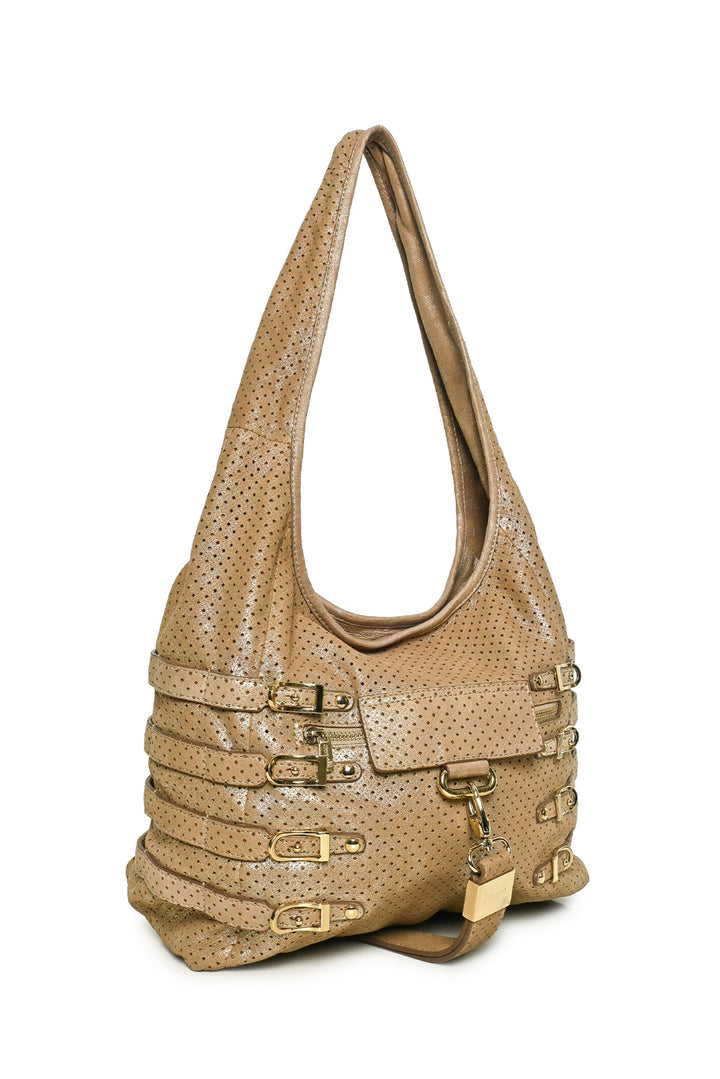 Jimmy Choo Bardia Perforated Metallic Suede Buckle Strap Hobo Shoulder Bag