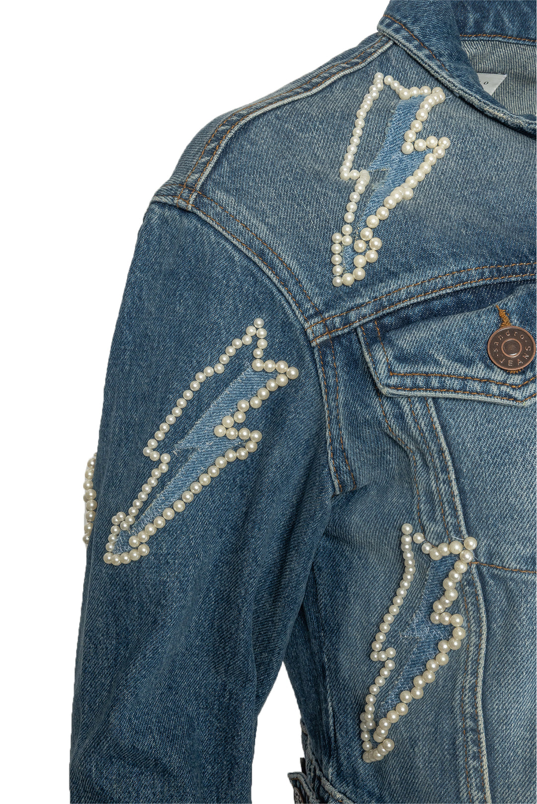 Sandro Size 34 Faux Pearl Embellished Lighting Bolt Denim Jacket