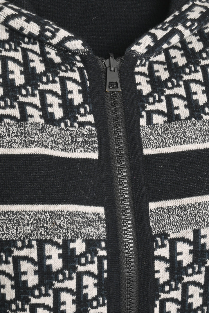 Dior Size 4 Cashmere Oblique Motif Reversible Zipper Hooded Cardigan