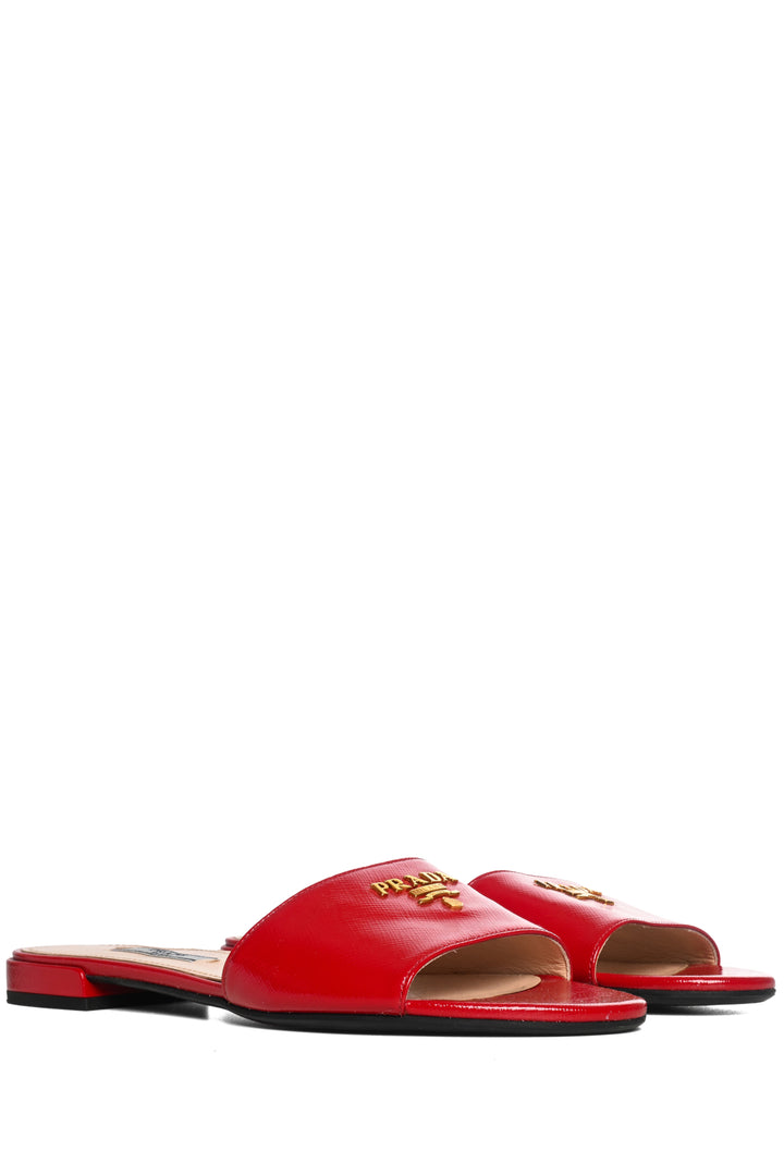 Prada Size 37.5 Saffiano Patent Leather Logo Slides