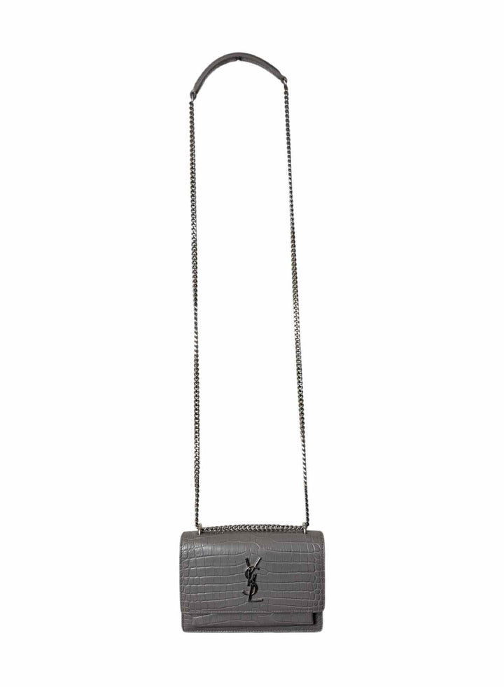 Saint Laurent  Croc Embossed Leather Sunset Chain Wallet Purse