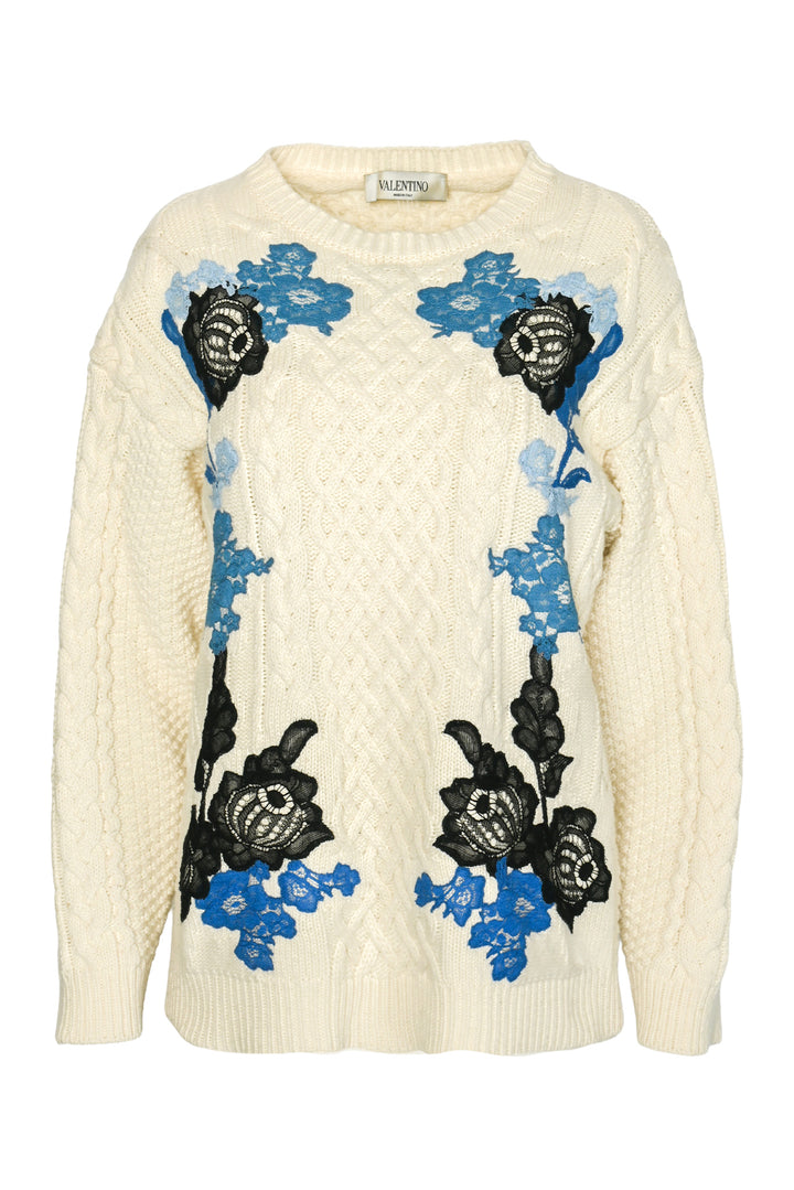 Valentino Size S Lace-Trimmed Cableknit Sweater