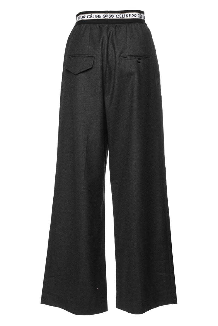 Celine Size 4 Wool Logo Waistband Wide Leg Trousers