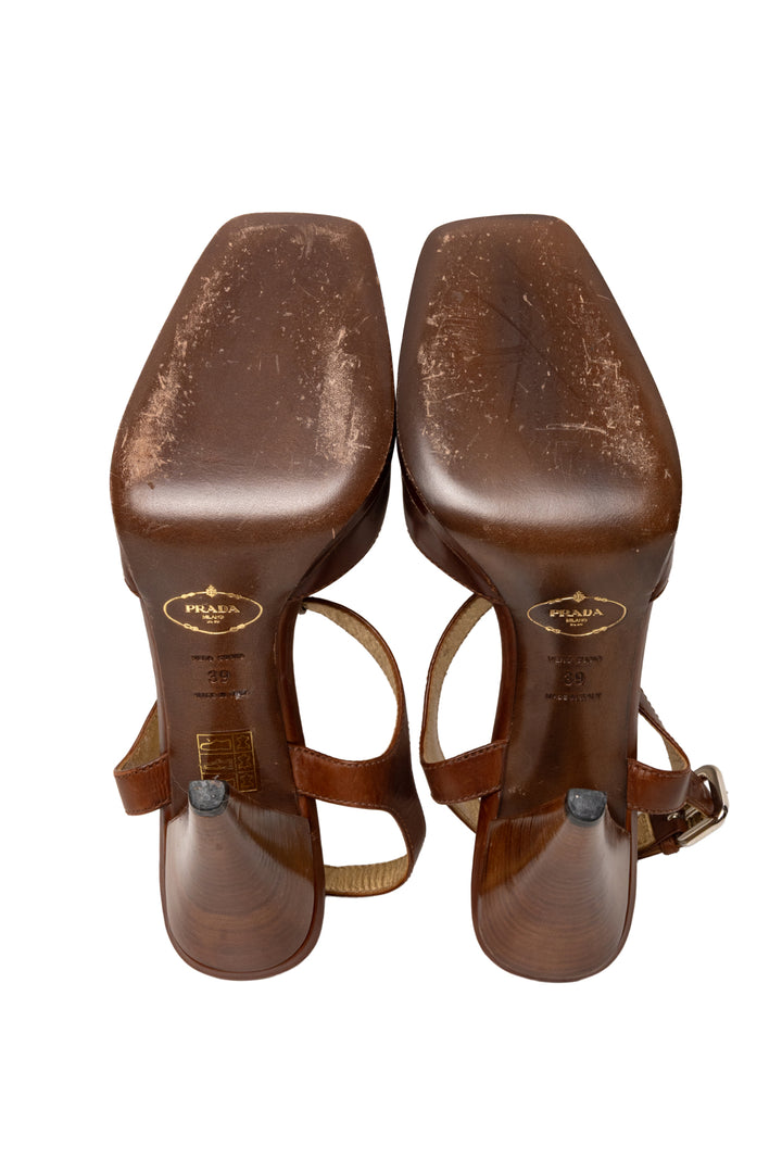 Prada Size 39 Square Peeptoe Ankle T-Strap Leather Sandals