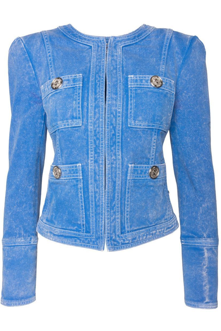 Balmain Size 36 Collarless Acid Wash Denim Jacket