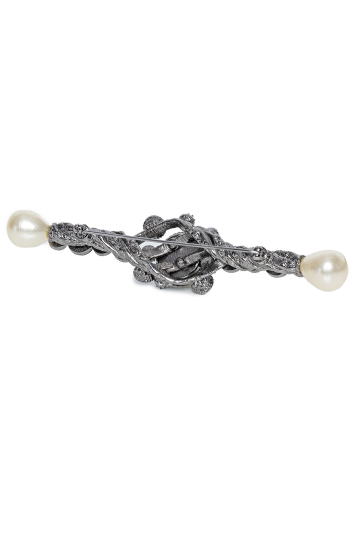 Chanel 2011 Faux Pearl & Strass Ruthenium Metal Bar Brooch