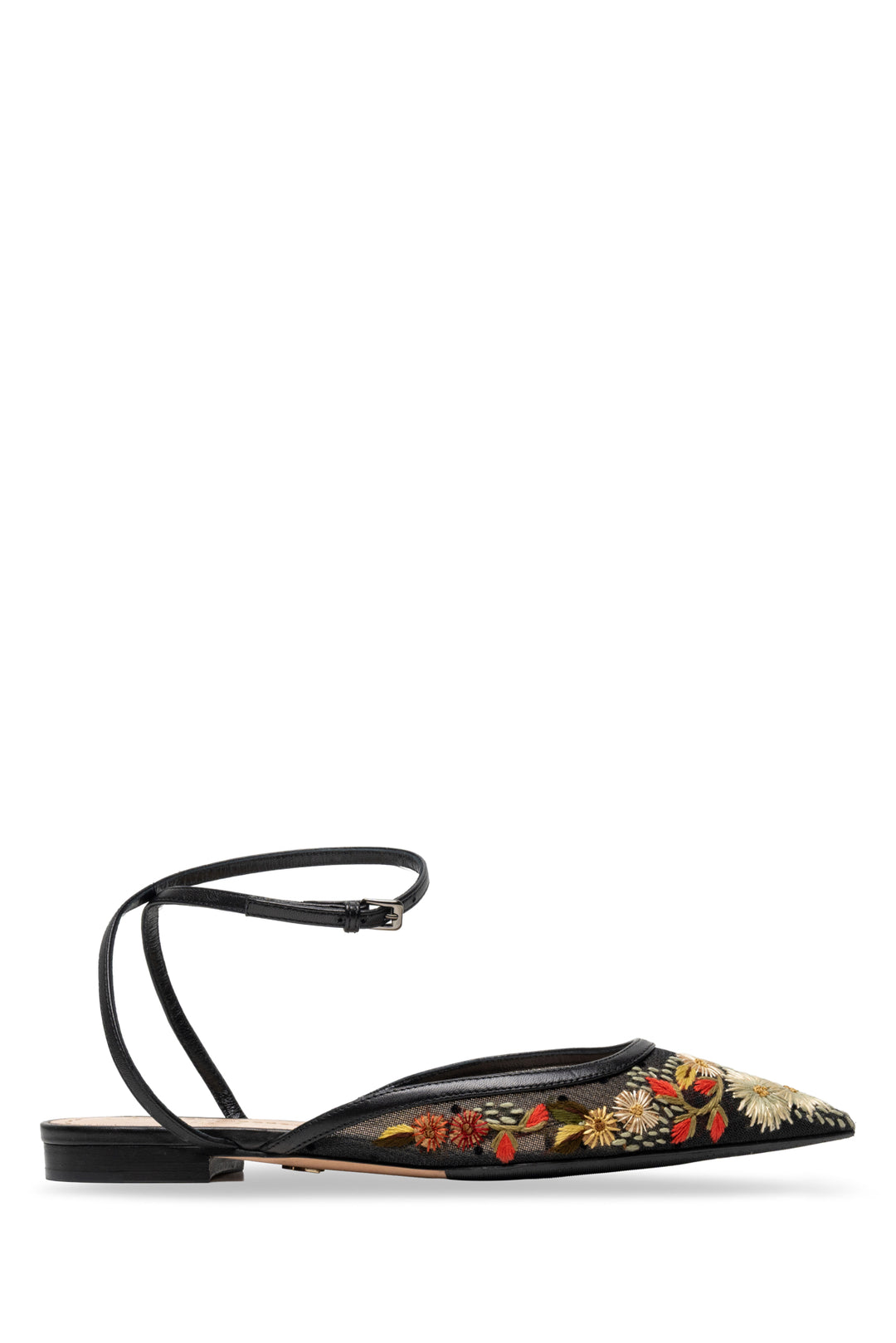 Dior Size 36 Floral Embroidered Mesh & Leather Ankle Strap Flats