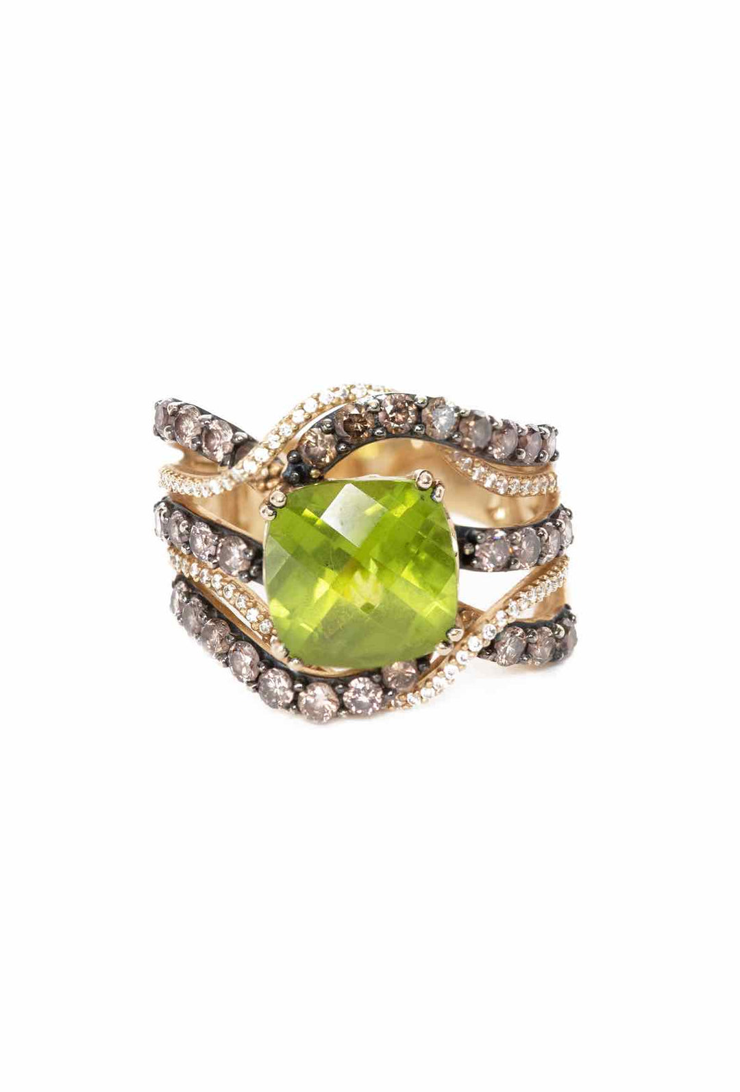 Size 7 14K Yellow Gold, Diamond & Checkerboard Cushion Peridot Ring