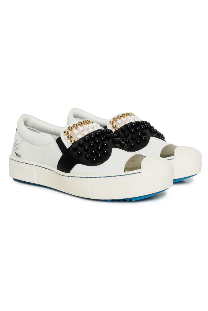 Fendi Size 35 Karl Loves Fendi Studded Leather Slip-On Sneaker