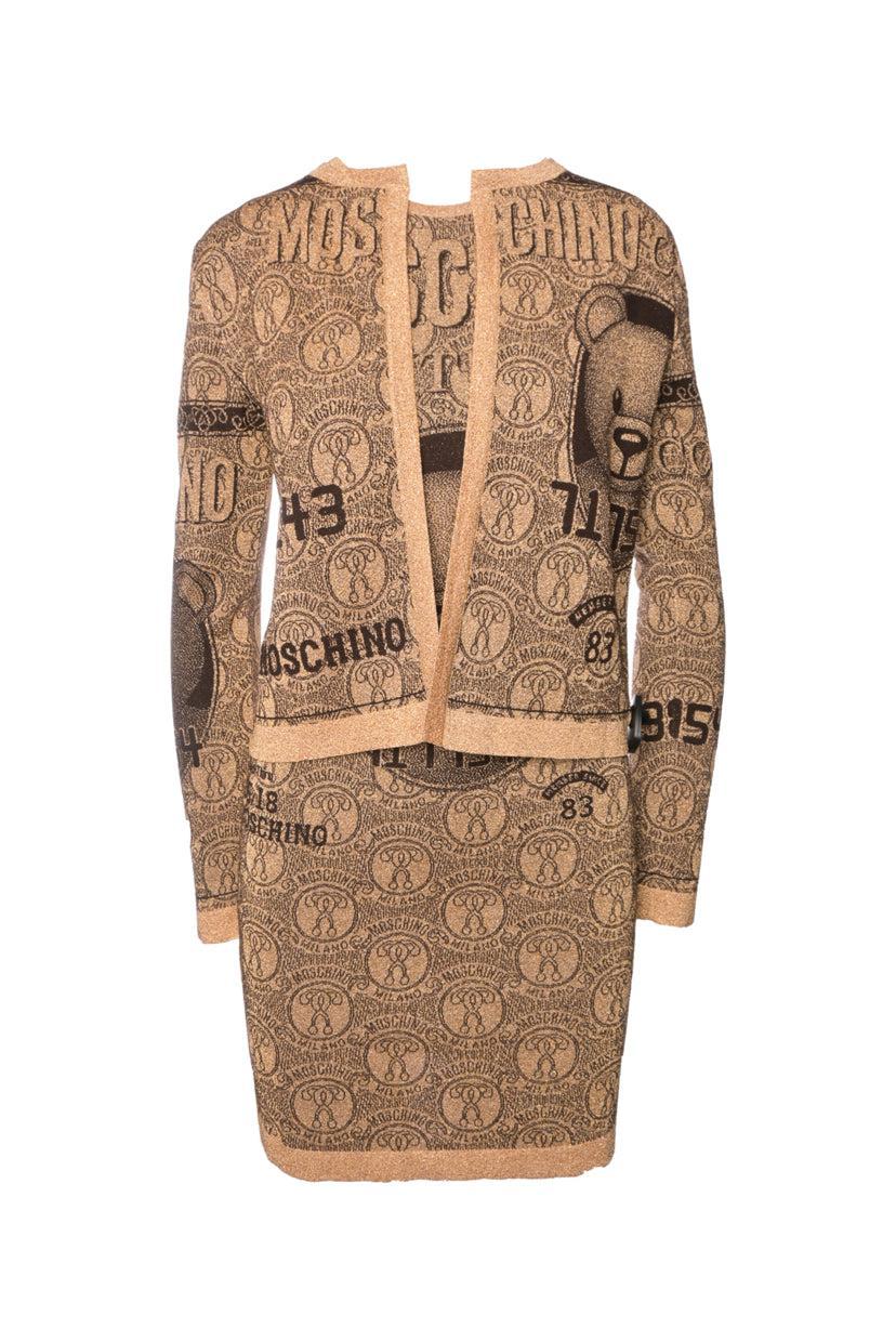 Moschino Couture Size 4 Teddy Bear Credit Card Metallic Knit Dress & Cardigan
