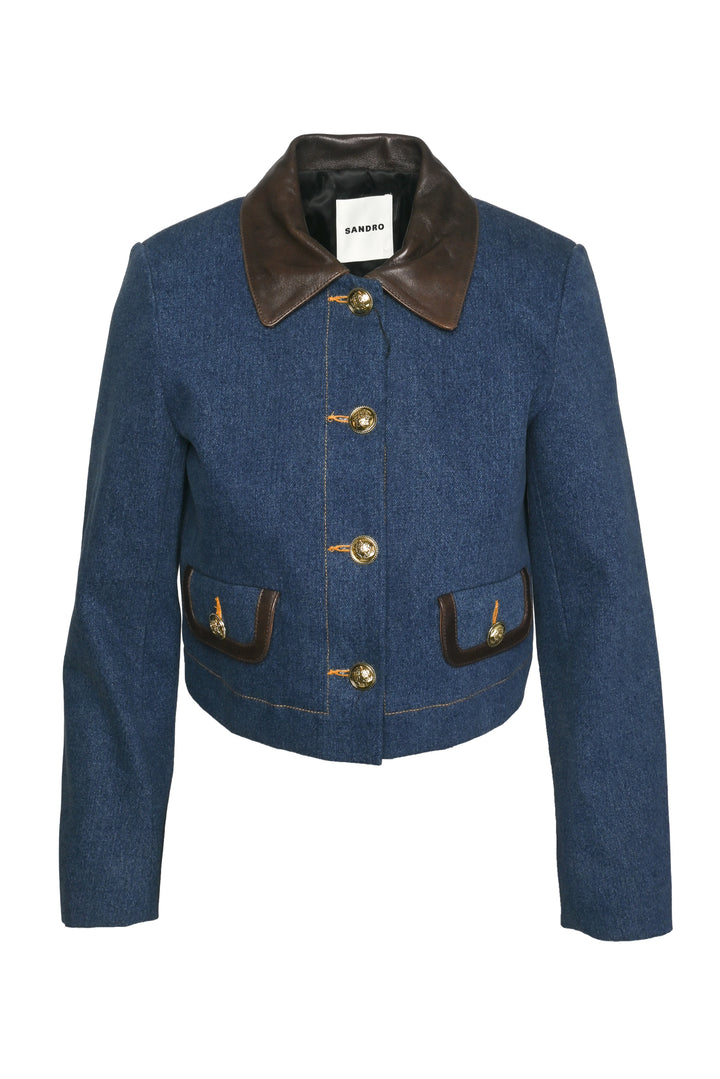 Sandro Size 34 Leather-Trimmed Cropped Sierra Denim Jacket & Nevada Short Set