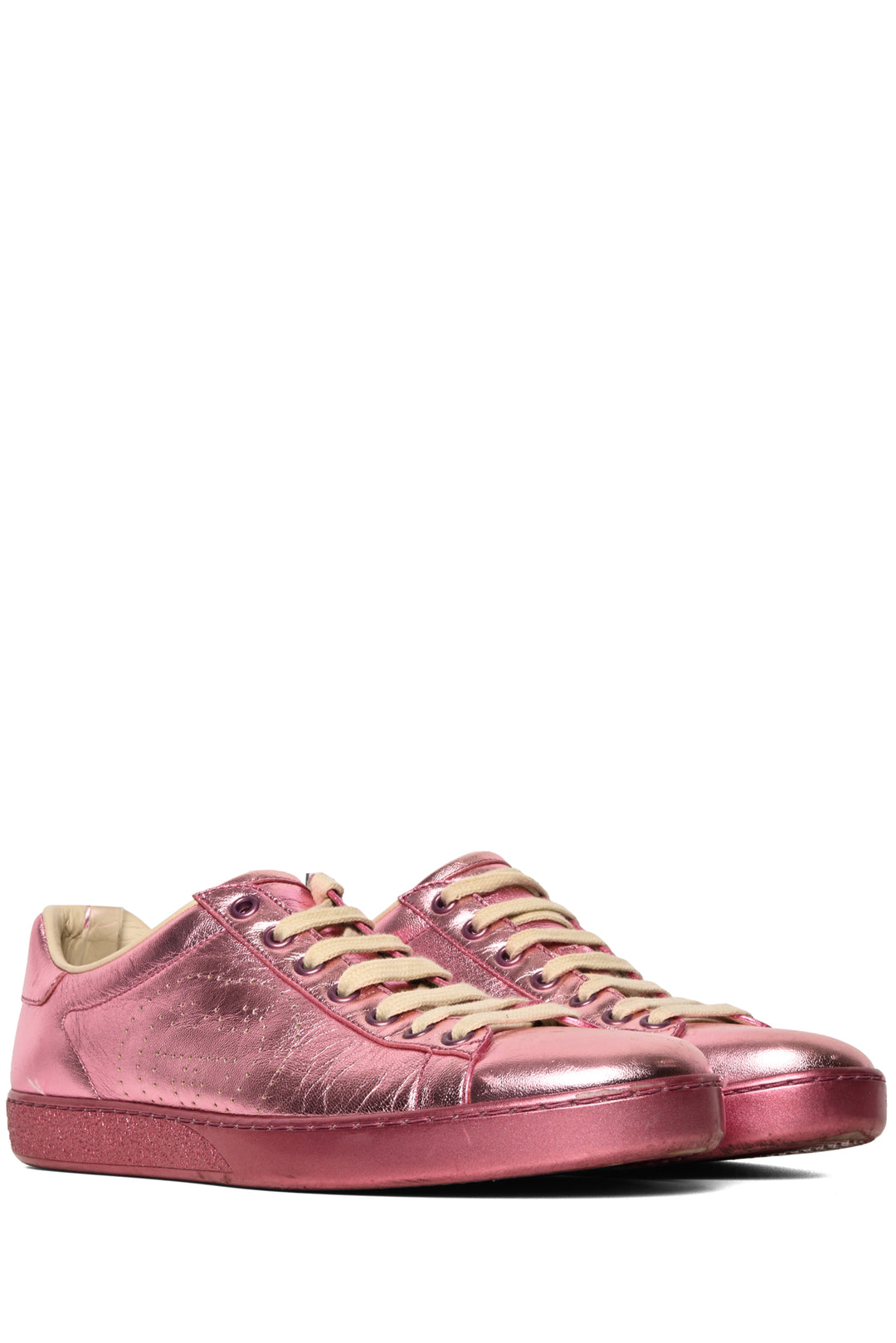 Gucci Size 40 Metallic Leather Perforated Interlocking GG Logo Ace Sneaker